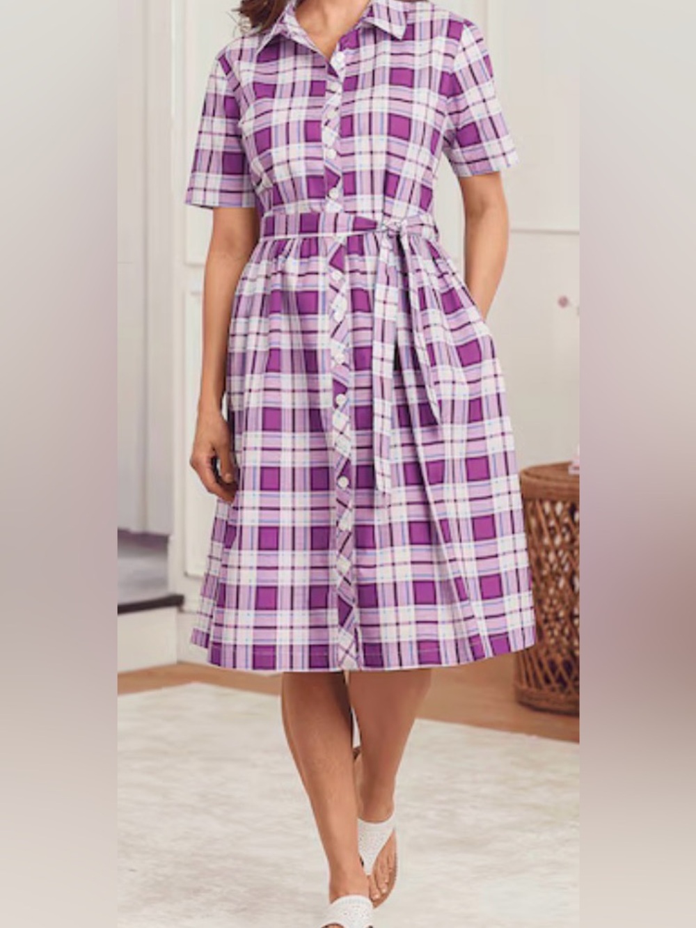 Anthony Richards Lavender and White Plaid Button-Down Tie-Waist Dress